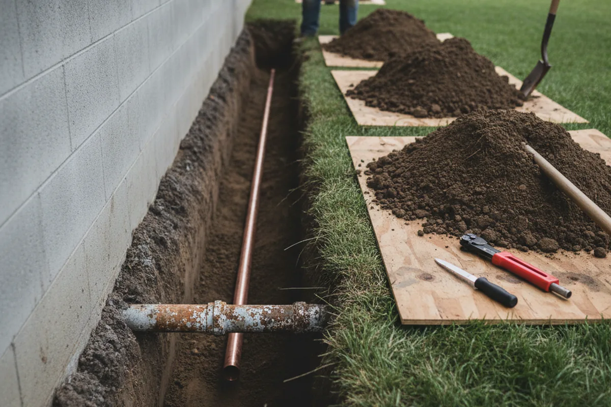 Excavated water line trench during Water Softener Installation in Ezel
